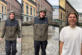 Tre foto av Eirik, ett til høyre i hvit t-skjorte og to til venstre i militærgrønn høstjakke - strålende humør og smiler fra øre til øre. På det midterste bildet har han armene utover - som om han er klar for en klem.