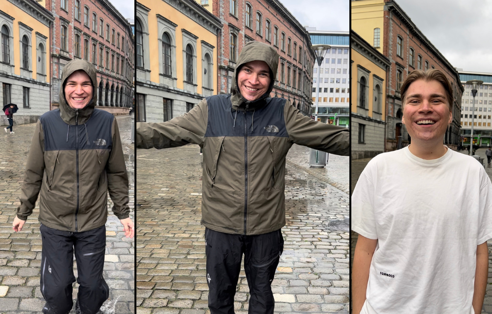 Tre foto av Eirik, ett til høyre i hvit t-skjorte og to til venstre i militærgrønn høstjakke - strålende humør og smiler fra øre til øre. På det midterste bildet har han armene utover - som om han er klar for en klem.